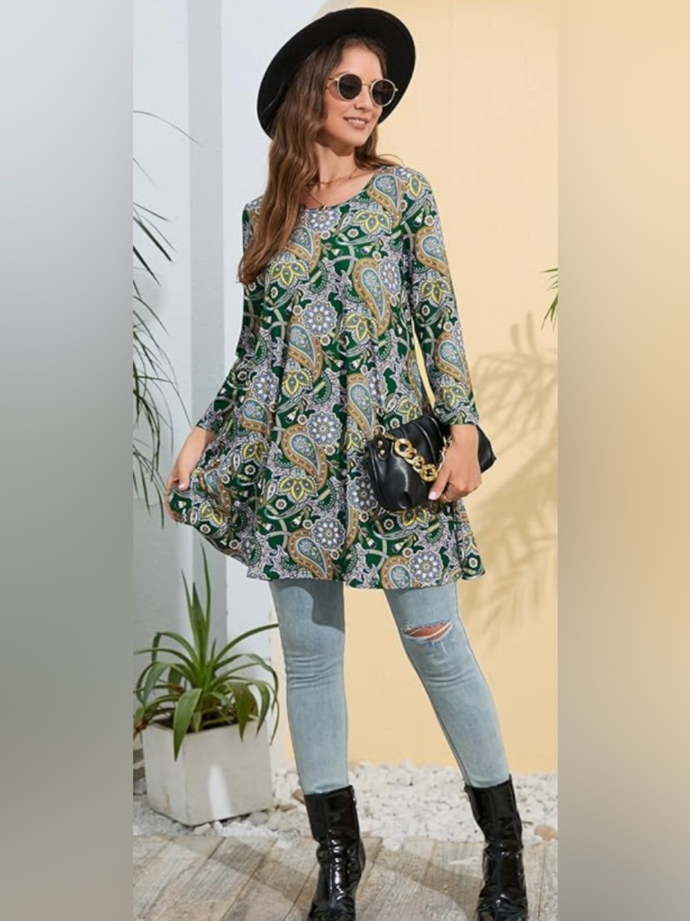 MWT- 2XL Gold Paisley 3/4 Sleeve Tunics Dressy Casual Loose Blouses Swing Flare